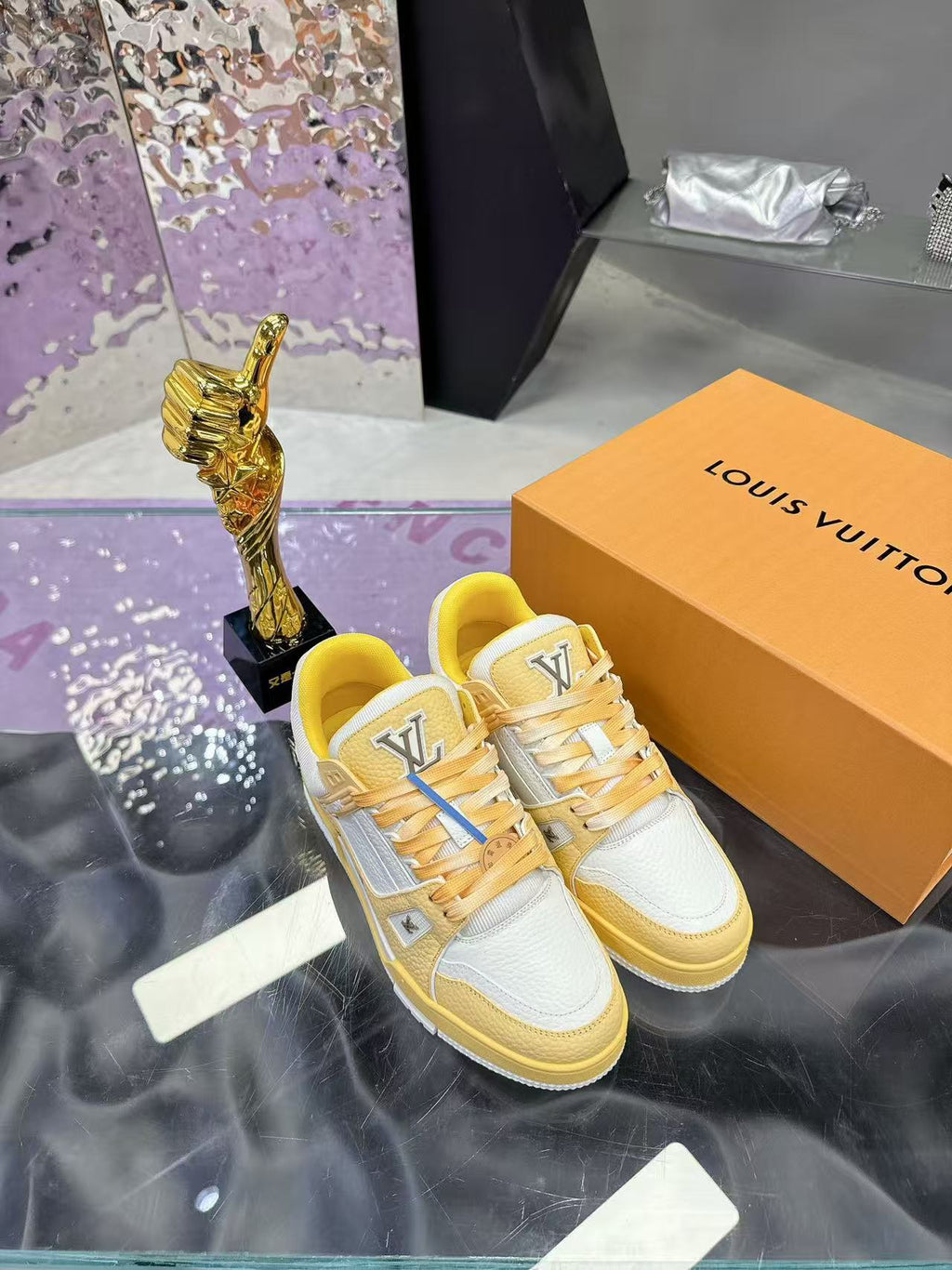 LV trainer yellow and white calfskin