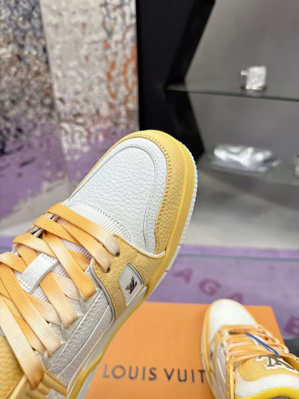 LV trainer yellow and white calfskin