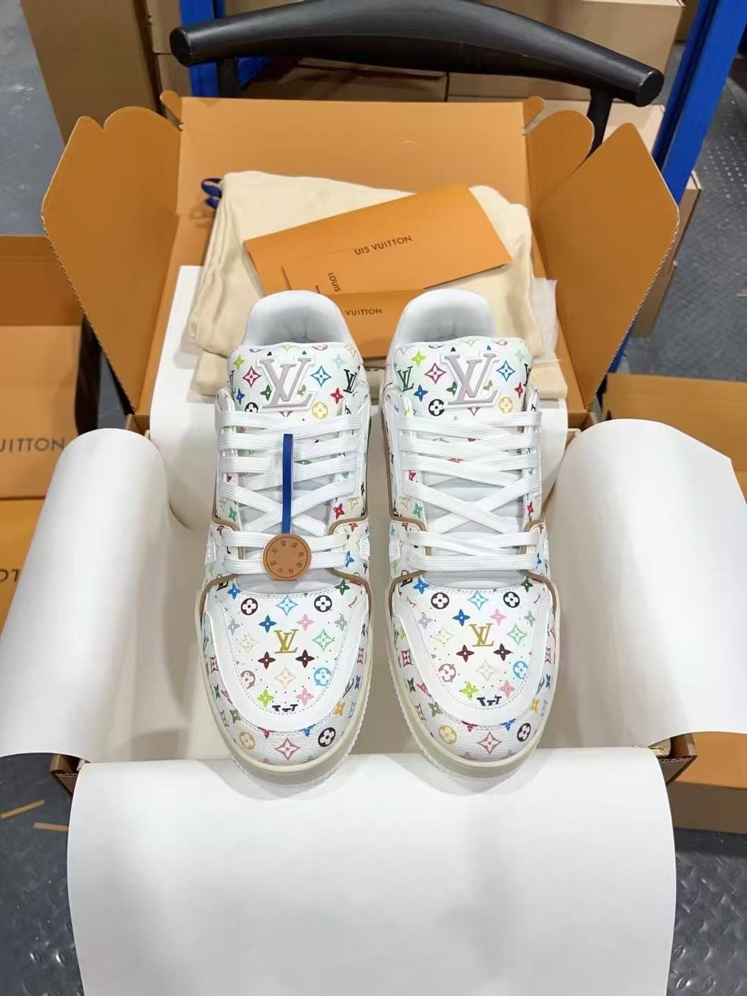 LV Trainer Takashi Murakami White Flowers printed all over