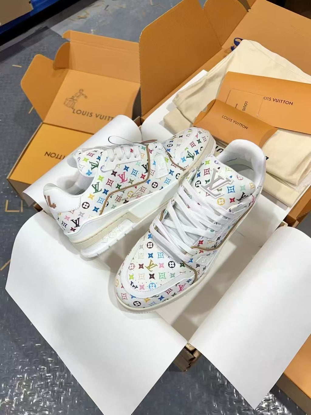 LV Trainer Takashi Murakami White Flowers printed all over