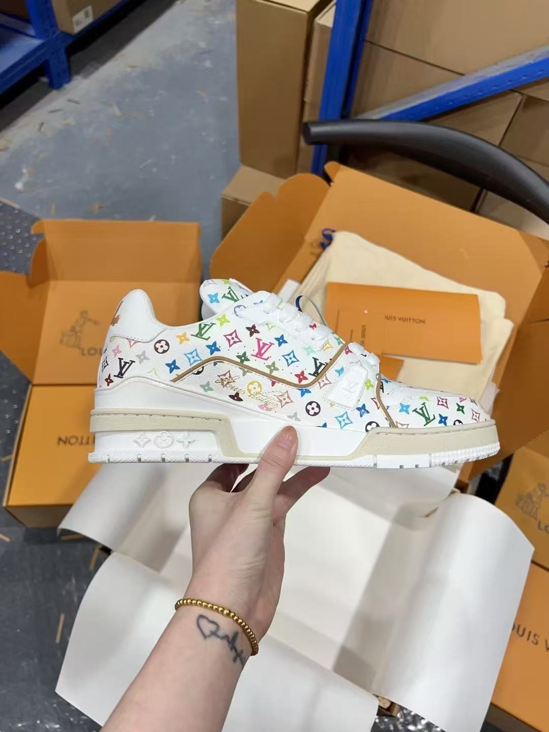 LV Trainer Takashi Murakami White Flowers printed all over
