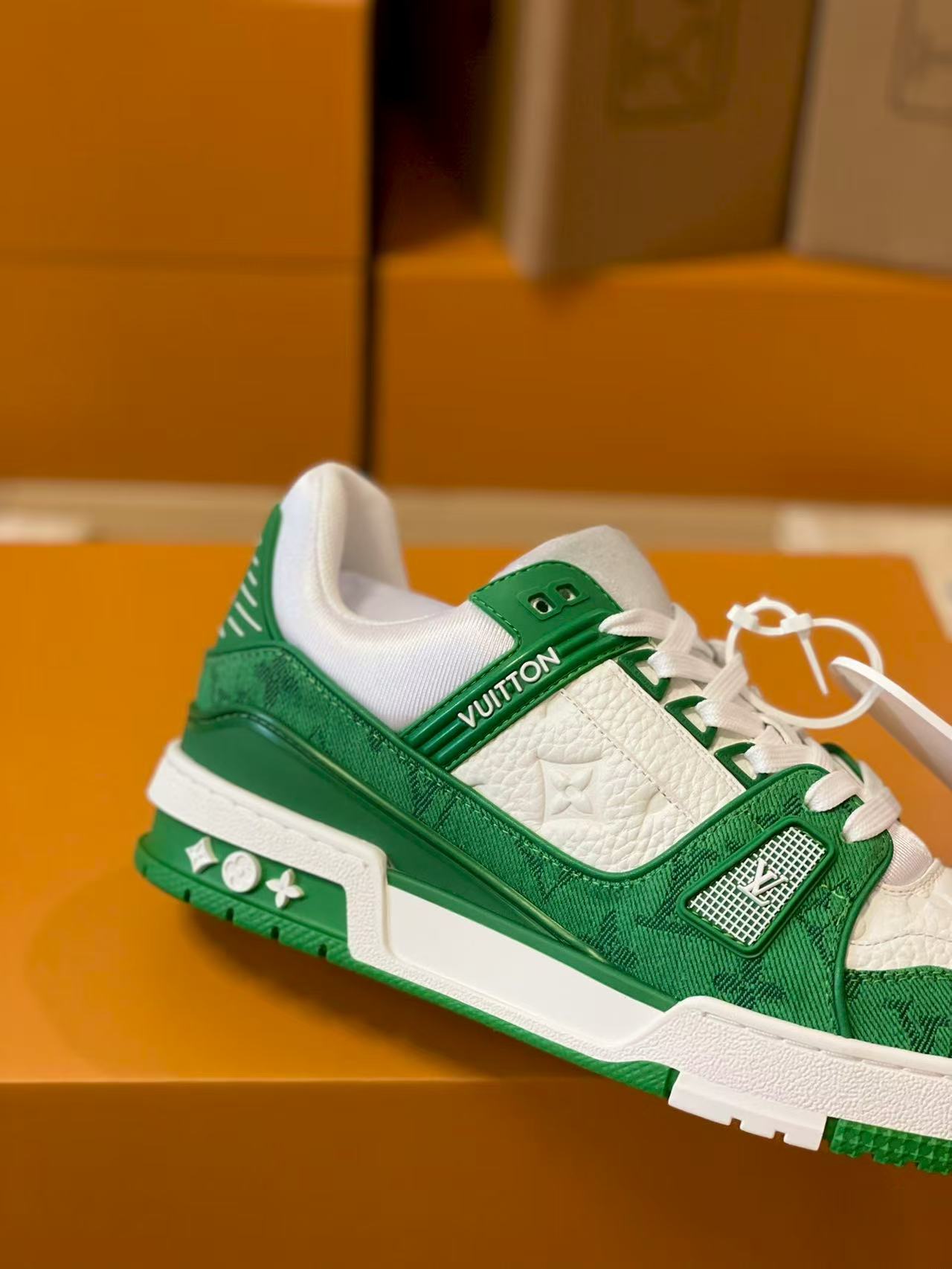 LV trainer Green Monogram Denim White