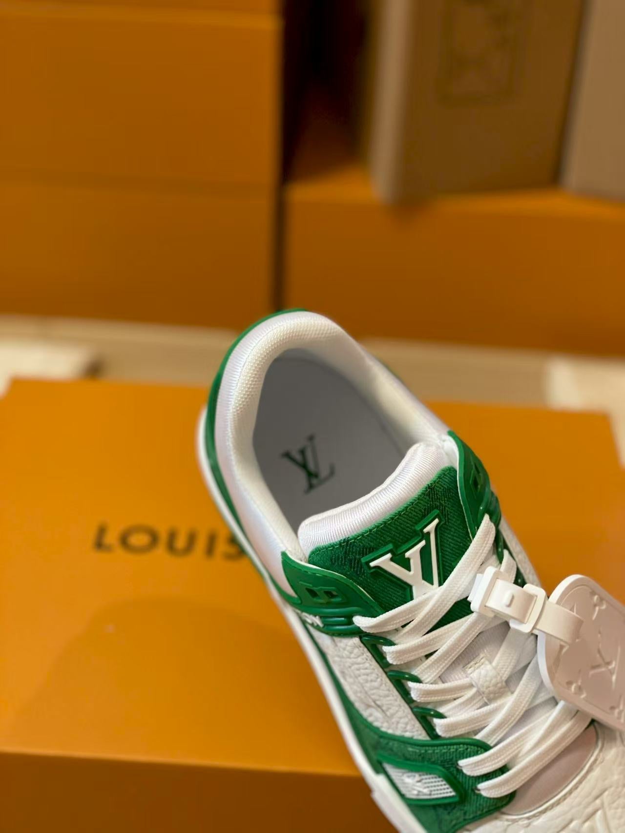 LV trainer Green Monogram Denim White