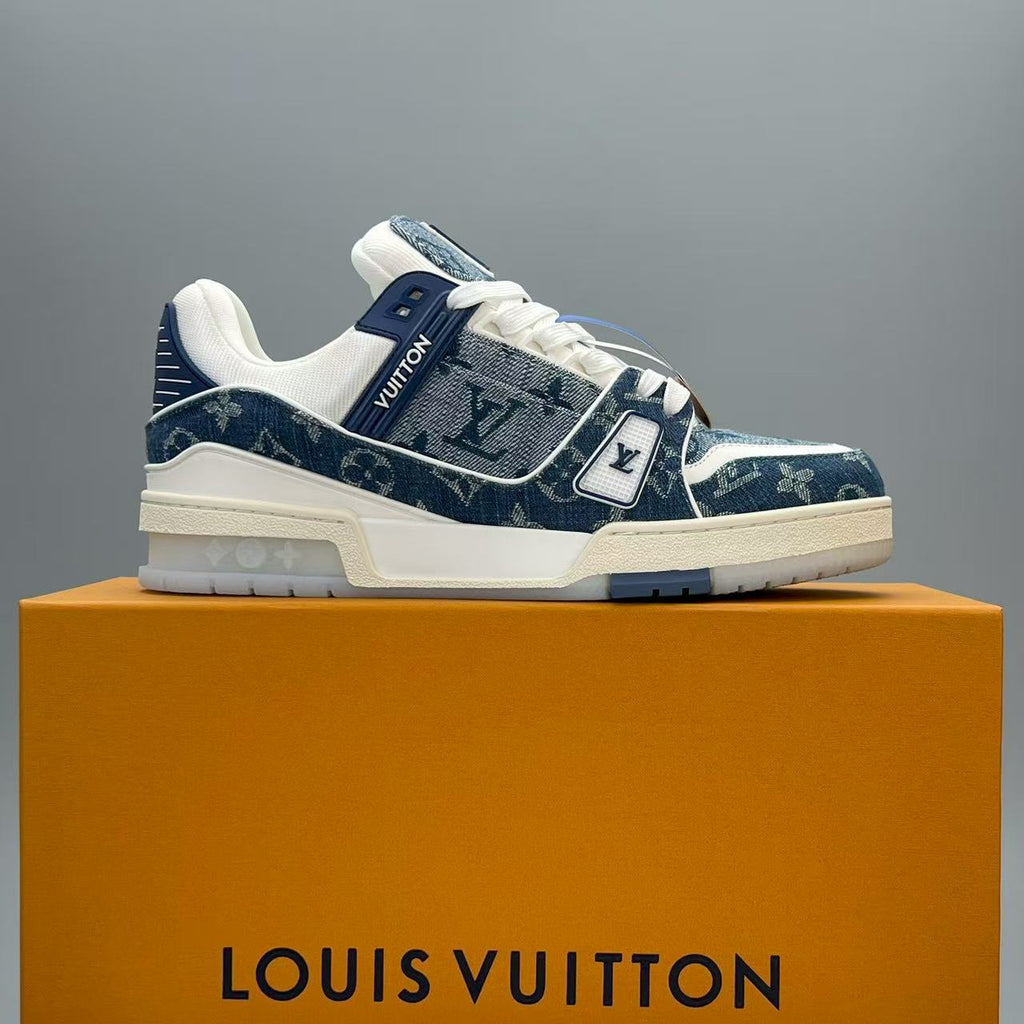 LV trainer blue denim crystal bottom