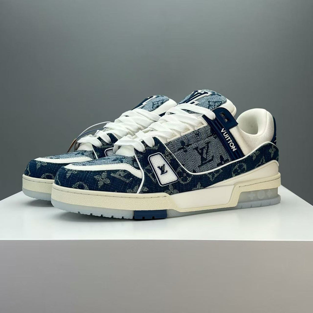 LV trainer blue denim crystal bottom