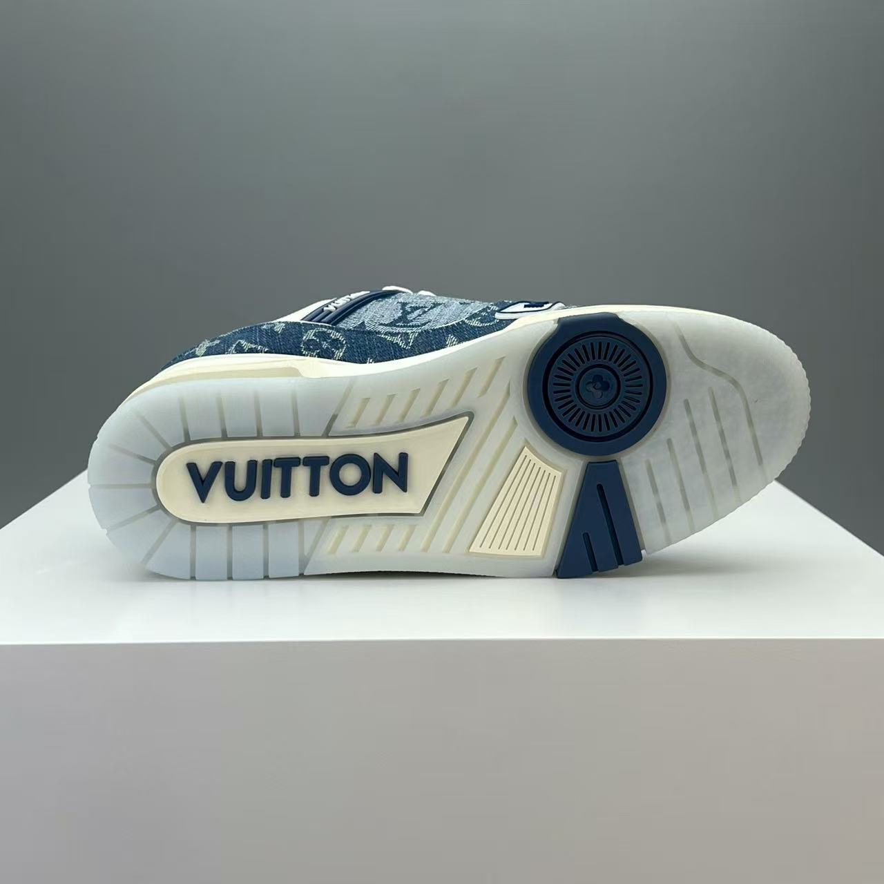 LV trainer blue denim crystal bottom