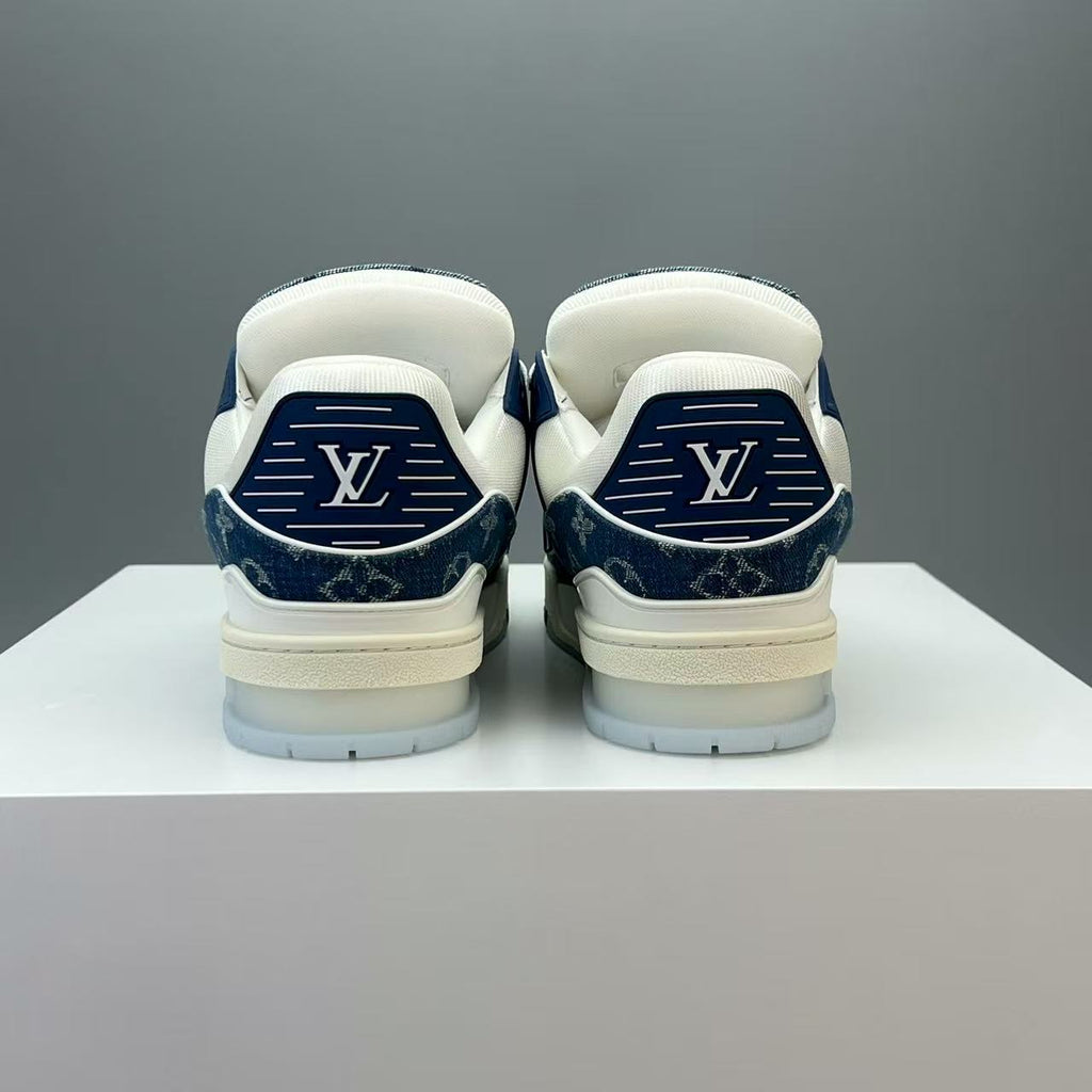 LV trainer blue denim crystal bottom