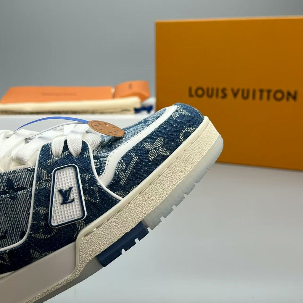 LV trainer blue denim crystal bottom