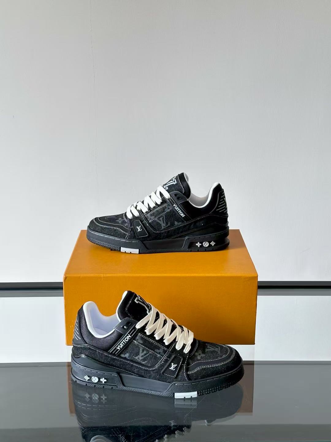 LV trainer black and gray denim